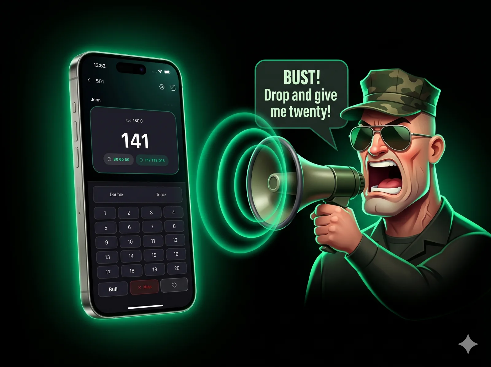 Dartist live AI commentary — the Bullseye Major drill-sergeant voice shouting through a megaphone at a darts scoring screen
