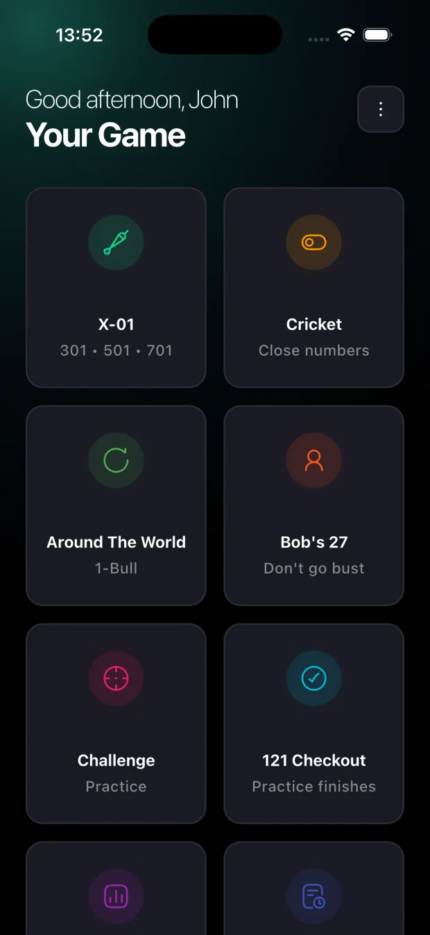 Dartist game mode selection screen — X01, Cricket, Around the World, Bob's 27, Challenge and Checkout